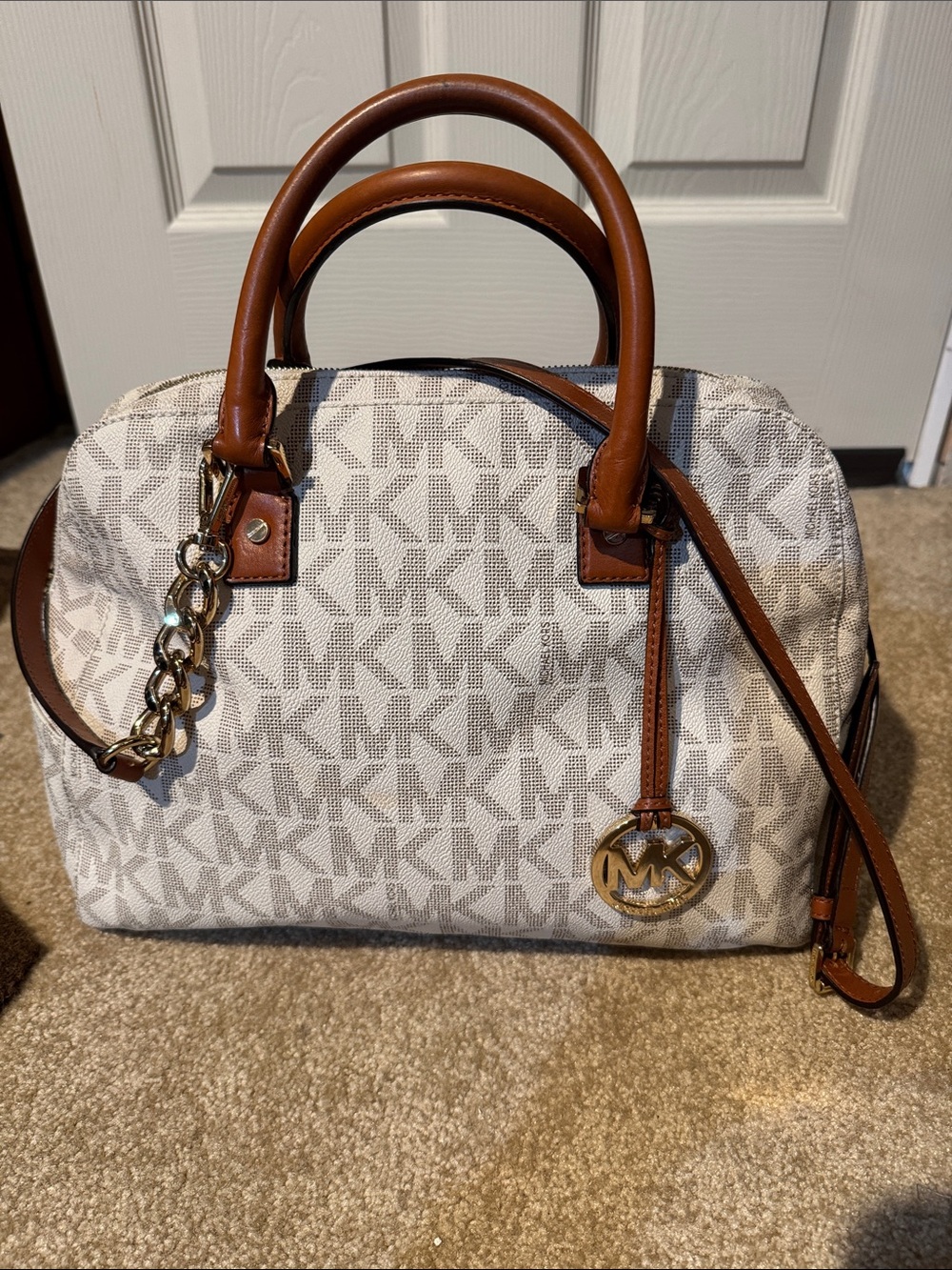 Michael Kors White Logo Canvas Satchel with Brown Leather Trim